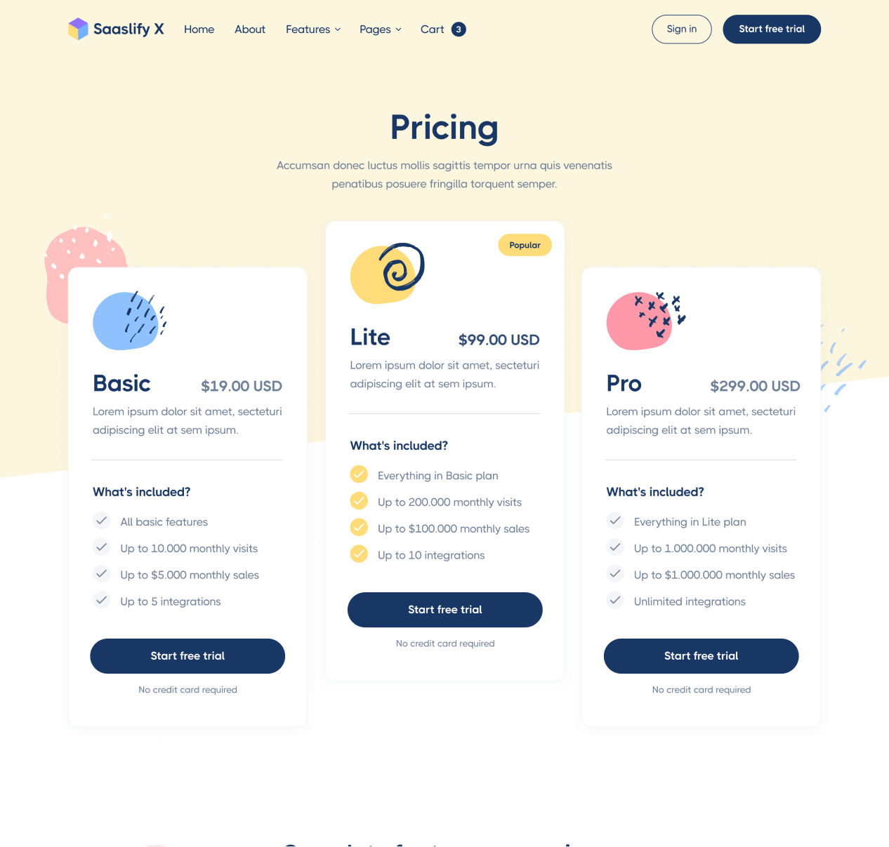Saaslify - Pricing page - Modern SaaS Template