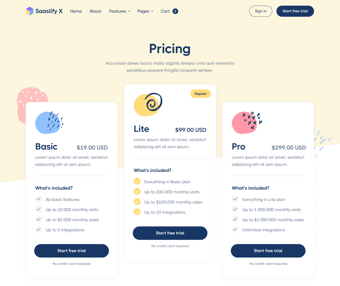Saaslify - Pricing page - Modern SaaS Template
